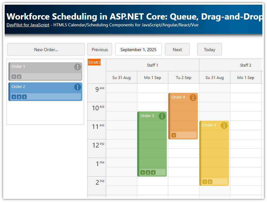 Workforce Scheduling in ASP.NET Core   Queue, Drag and Drop Resource Allocation, and Task Checklists